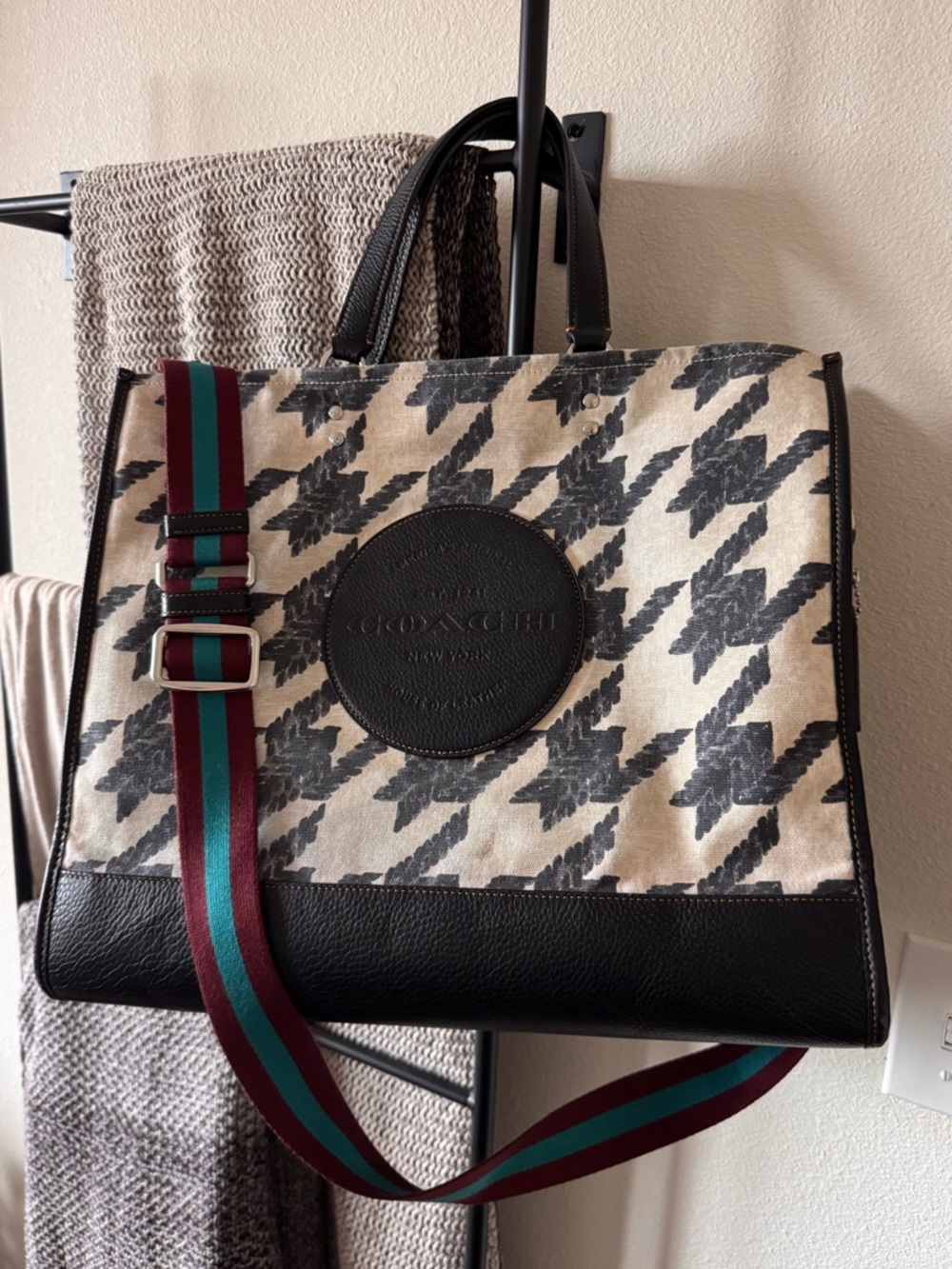 Coach Houndstooth Canvas Tote with Black Leather and Burgundy/Teal Strap